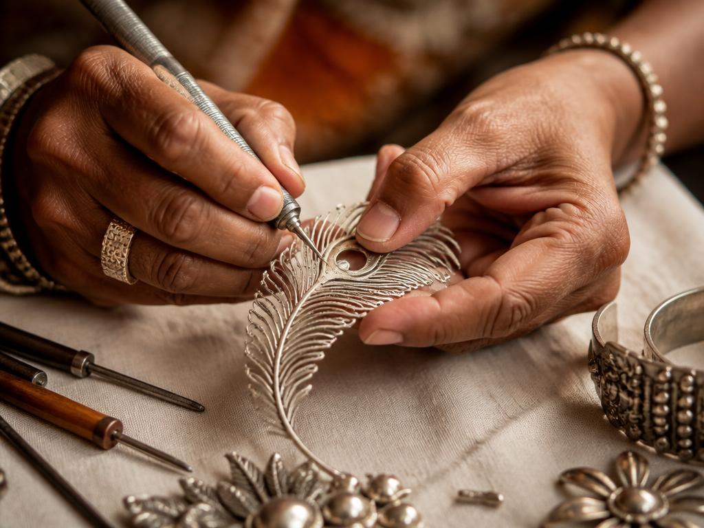 Artisan hands carefully working on a silver peacock feather ornament