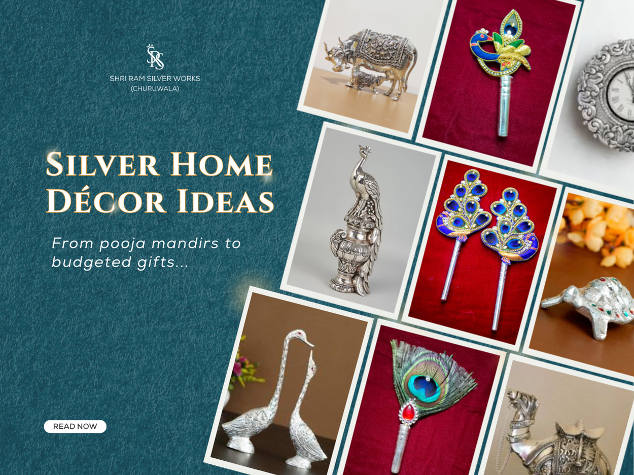 Silver home décor collection featuring handcrafted idols, pooja mandirs, peacock fans, and elegant gift pieces by Shri Ram Silver Works.