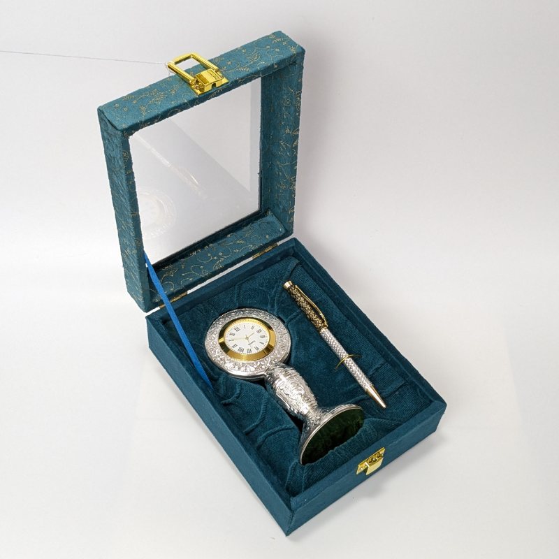 Handcrafted Silver Table Clock with Silver Ballpoint Pen Shriramsilverworks