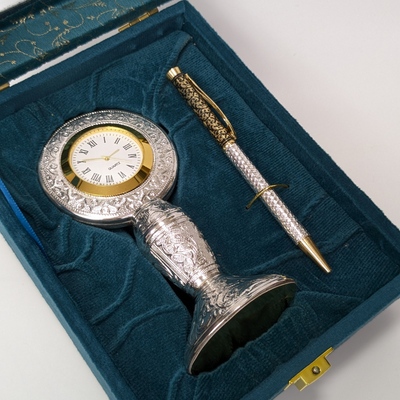 Handcrafted Silver Table Clock with Silver Ballpoint Pen Shriramsilverworks