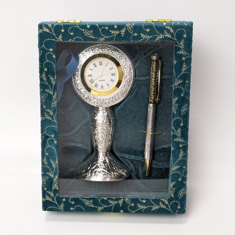 Handcrafted Silver Table Clock with Silver Ballpoint Pen Shriramsilverworks