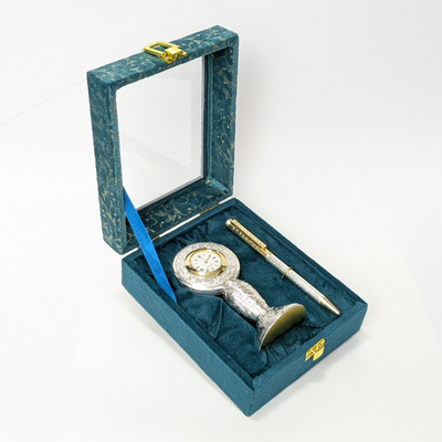 Handcrafted Silver Table Clock Small with Silver Ballpoint Pen Shriramsilverworks