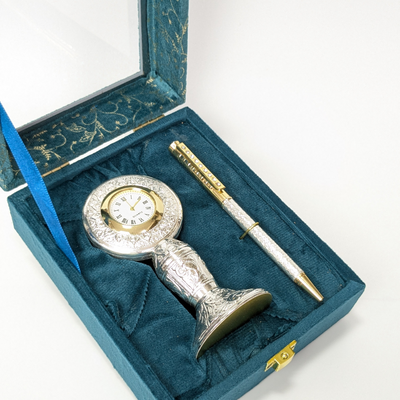 Handcrafted Silver Table Clock Small with Silver Ballpoint Pen Shriramsilverworks