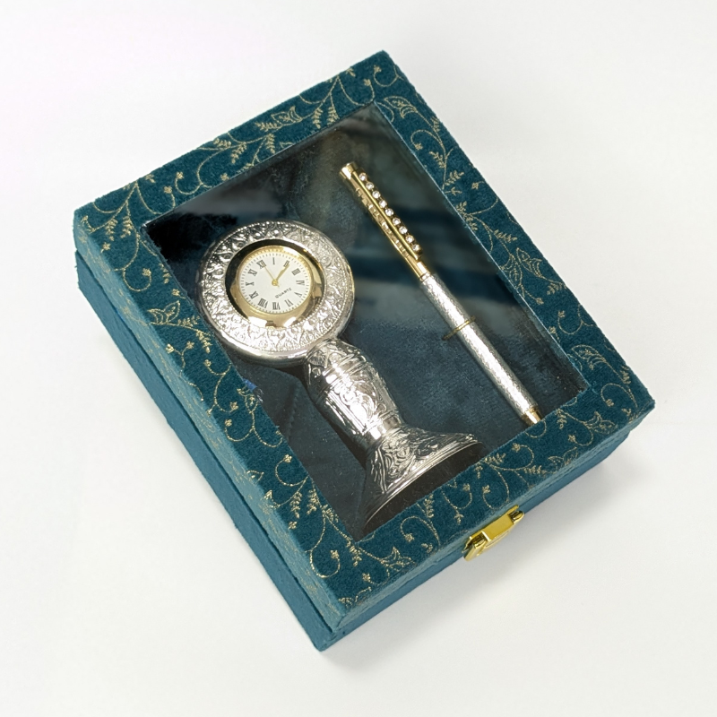 Handcrafted Silver Table Clock Small with Silver Ballpoint Pen Shriramsilverworks